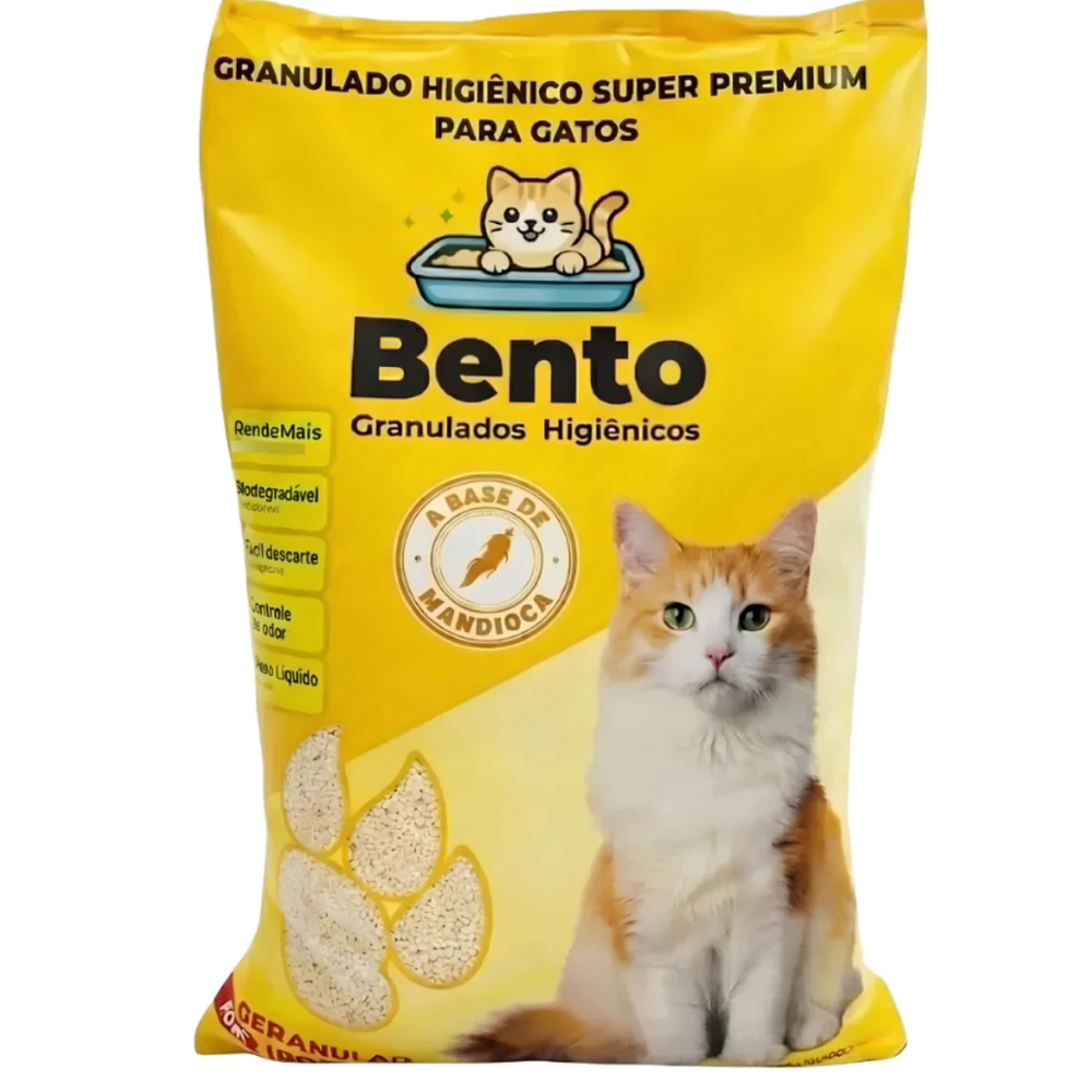 Areia biodegradável para gato higiênica mandioca bento cat granulado grãos grossos rende muito bio