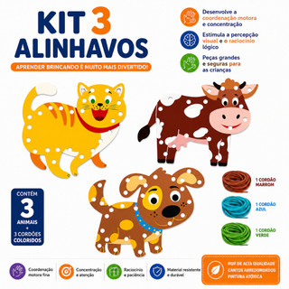 Kit 3 Alinhavo Bicho Animal Brinquedo Educativo MDF e Cordão