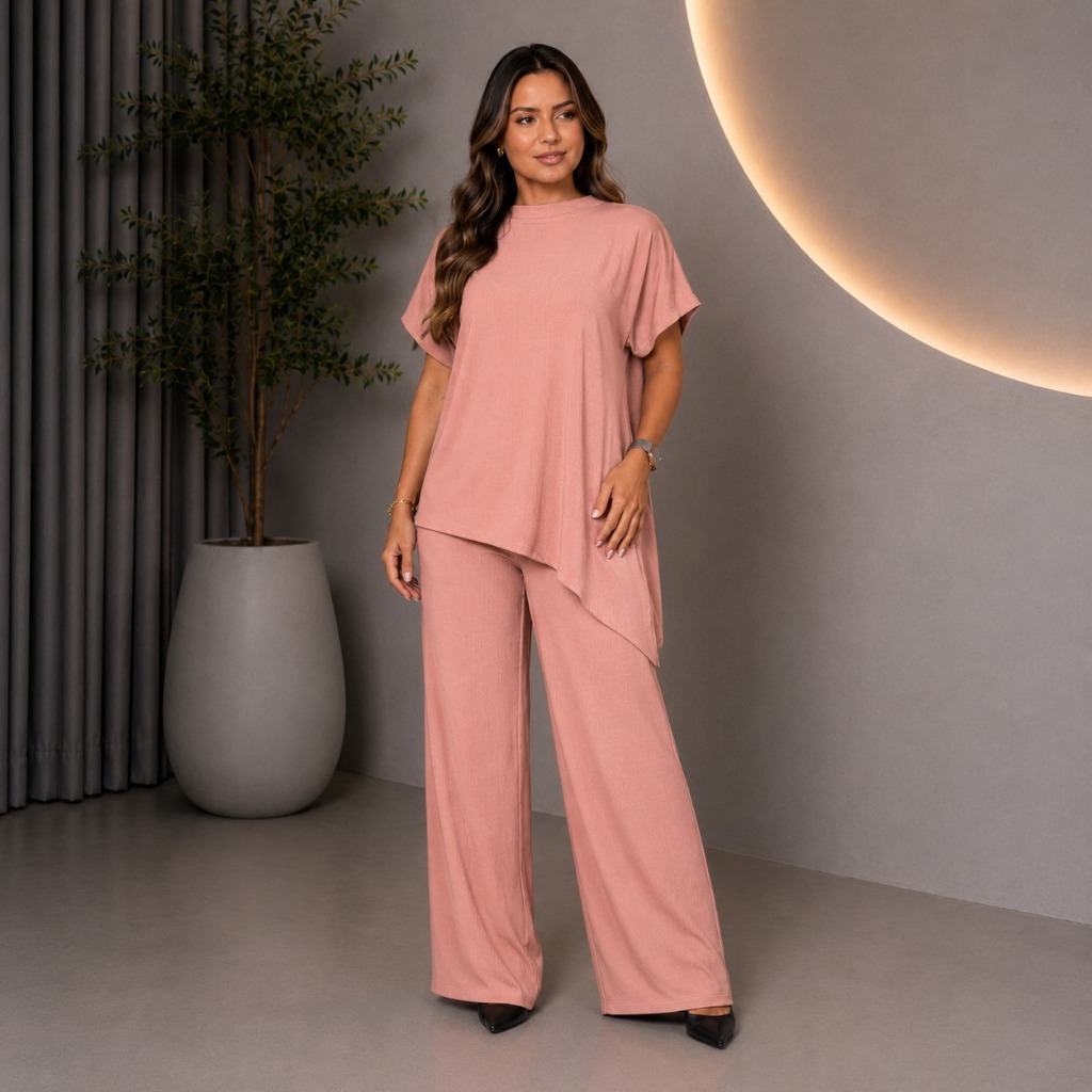 Conjunto Feminino Candy Color Blusa Assimétrica + Calça Pantalona Elegante Social