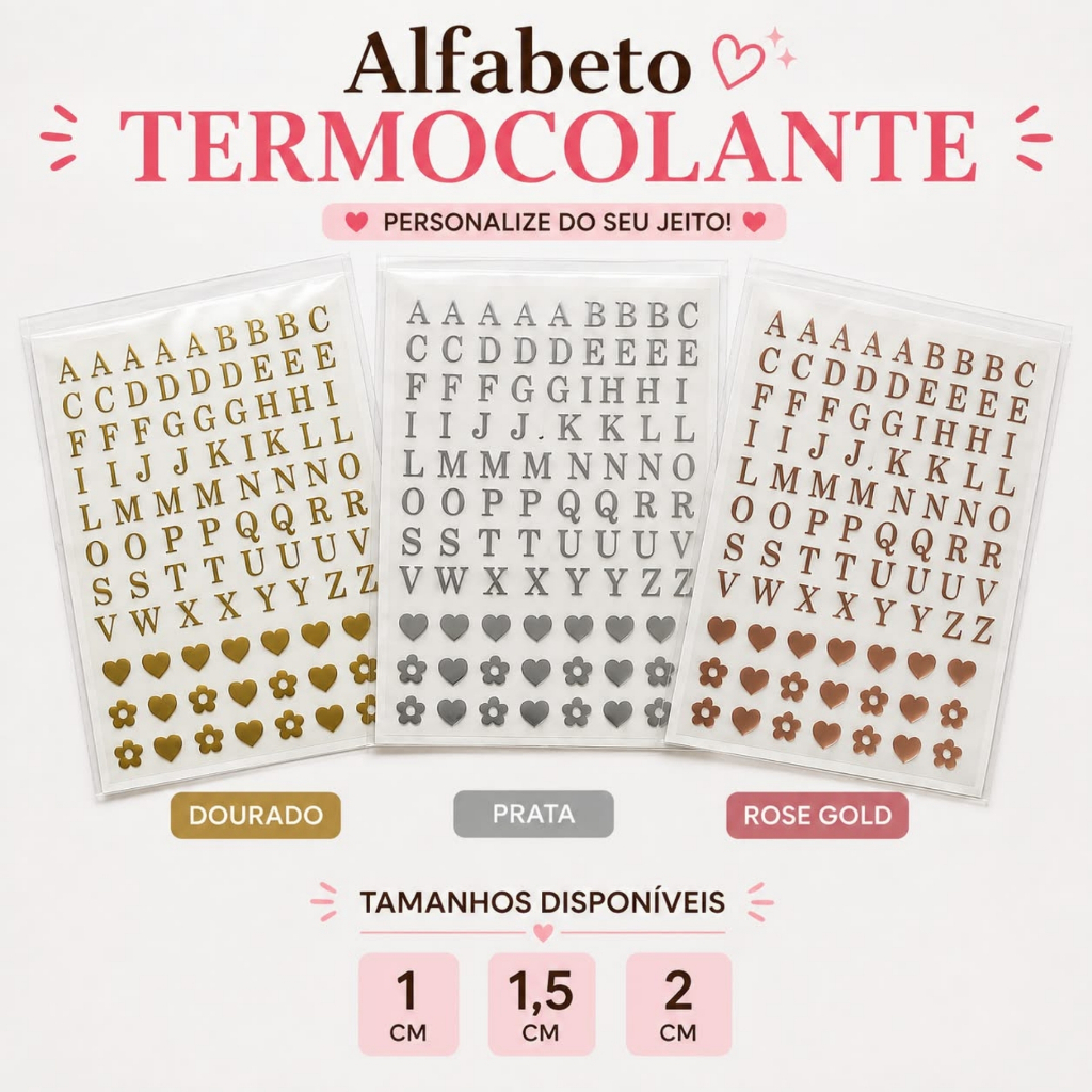 Alfabeto termocolante (vinil) Personalize chaveiros, camiseta, agendas, porta joias, necessarie