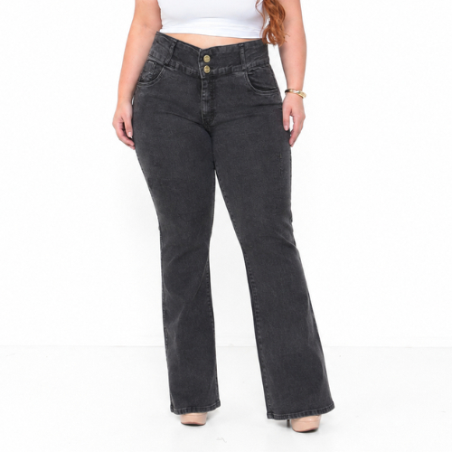Calça Jeans Flare Plus Size Marmorizada com bolso e com lycra