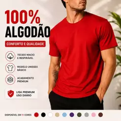 Camiseta Unissex 100% Algodão Vermelha Lisa Manga Curta Gola Redonda