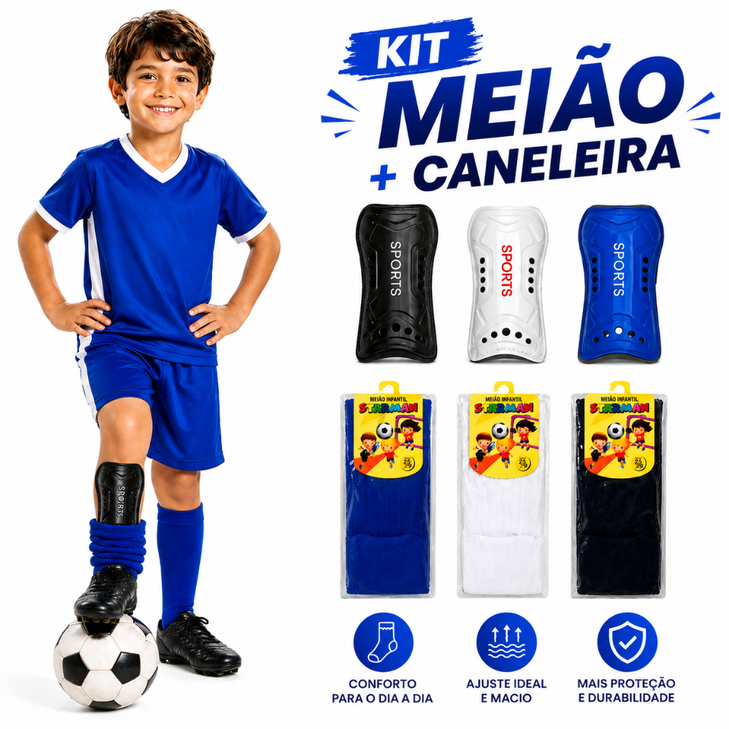 Meião de Futebol + Caneleira Infantil Proteção Esporte Infantil e Juvenil