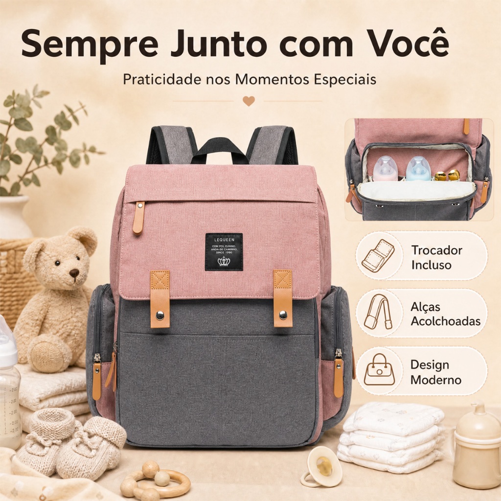Mochila Maternidade Lequeen com Trocador Saída USB e Ganchos · foto 2