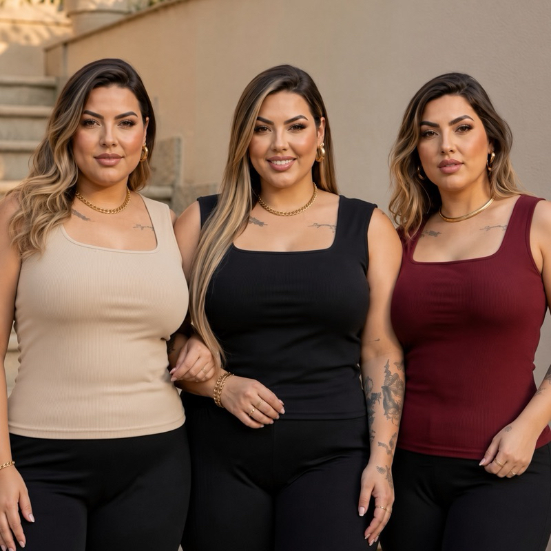 Kit 3 Blusa Feminina Plus Size Elegante Estilosa Decote Quadrado Body G1 G2 G3 Estilosa Moderna Tendência