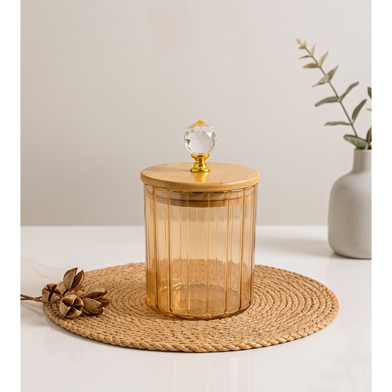 Porta Mantimento de Vidro Canelado Âmbar 470ml