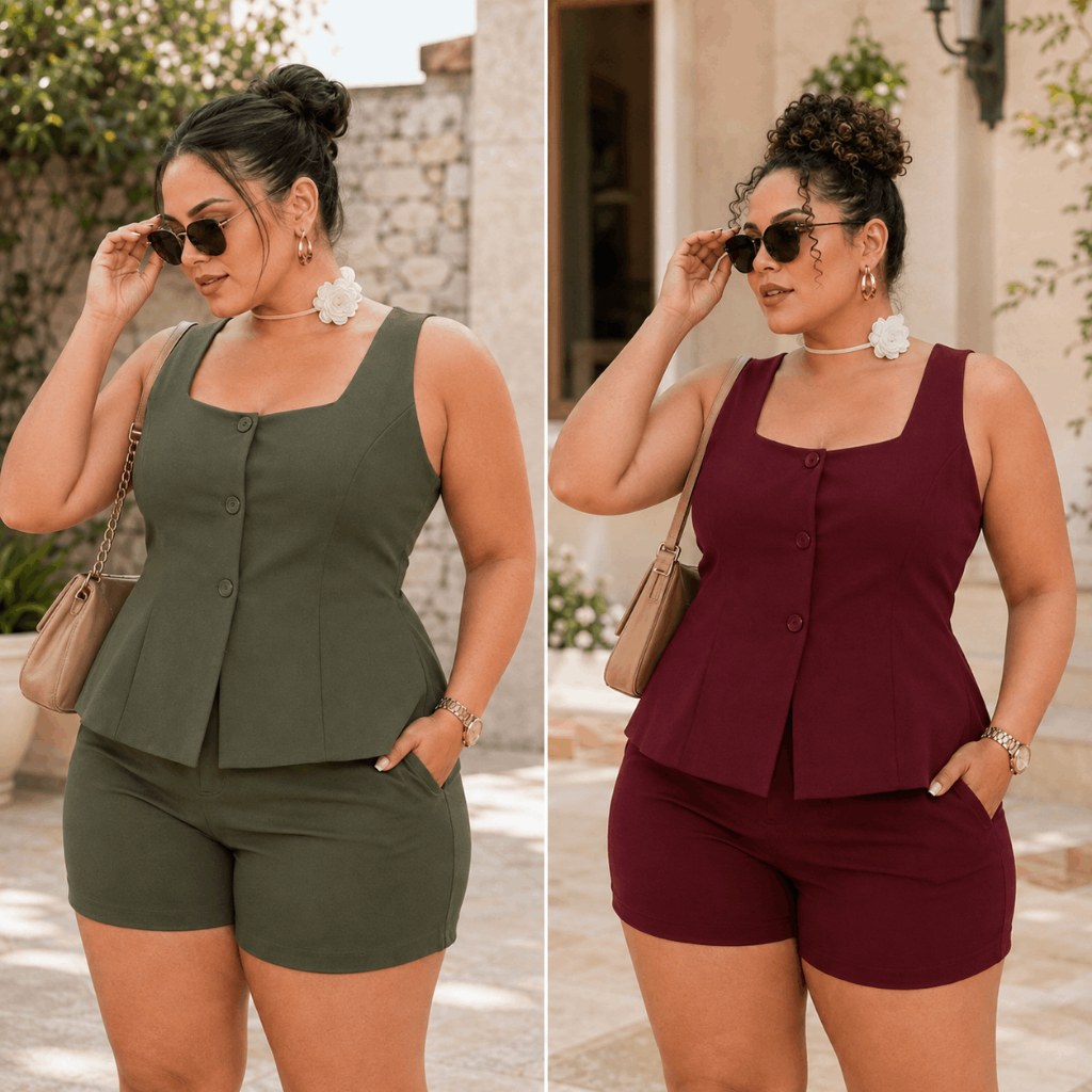 Conjunto Alfaiataria Feminino Elegante Plus Size e Slim Colete com Botões Shorts Moda Casual Social Verão Confortável
