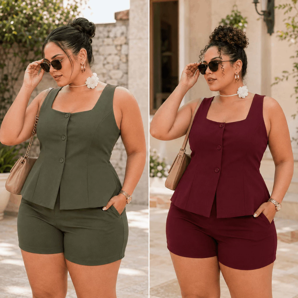 Conjunto Alfaiataria Feminino Elegante Plus Size e Slim Colete com Botões Shorts Moda Casual Social Verão Confortável — imagem 1