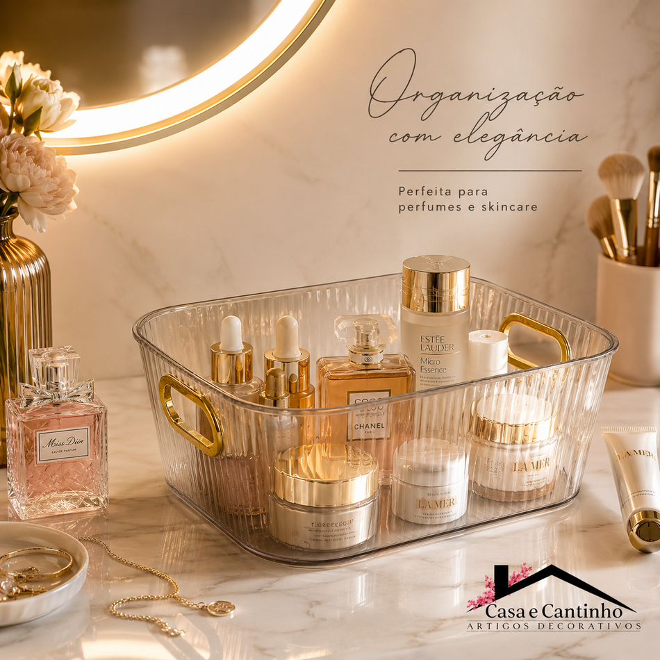Caixa de Armazenamento em Acrílico Transparente com Alça Porta Maquiagem Joias Perfumes Multiuso
