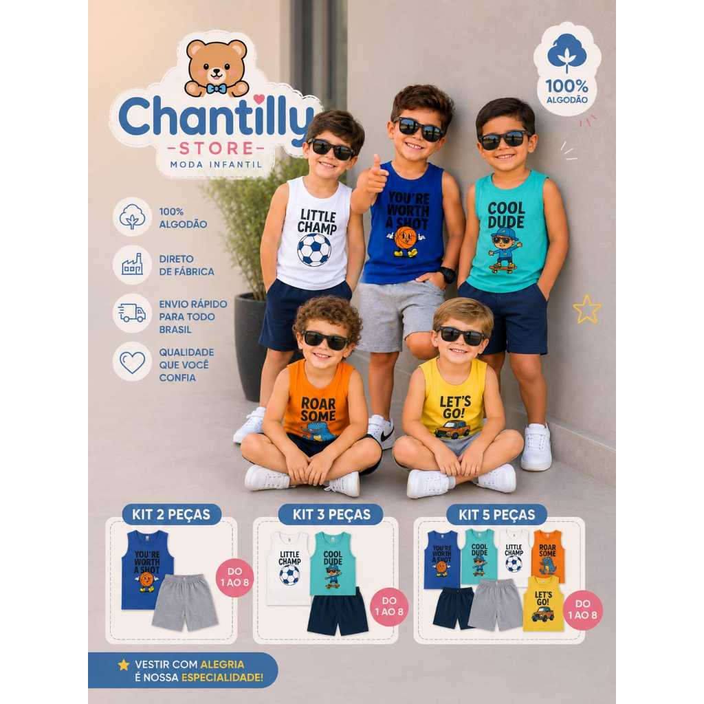 Kit Conjunto infantil- Sortido 2 a 10 Peças de Roupas Infantil- Menino Regata + Bermuda Verão Menino Algodão Tam 1 ao 8