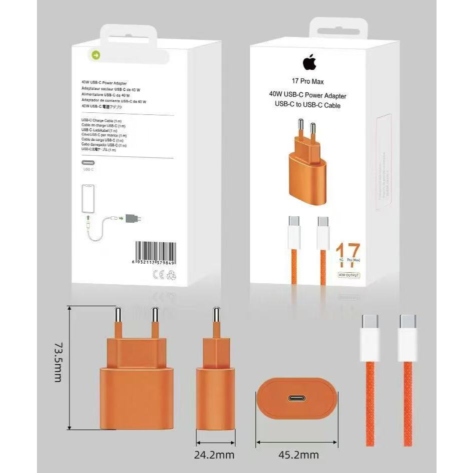 Carregador 40w Turbo iPhone 17 Pro Max Completo Fonte USB C e Cabo Tipo C Original