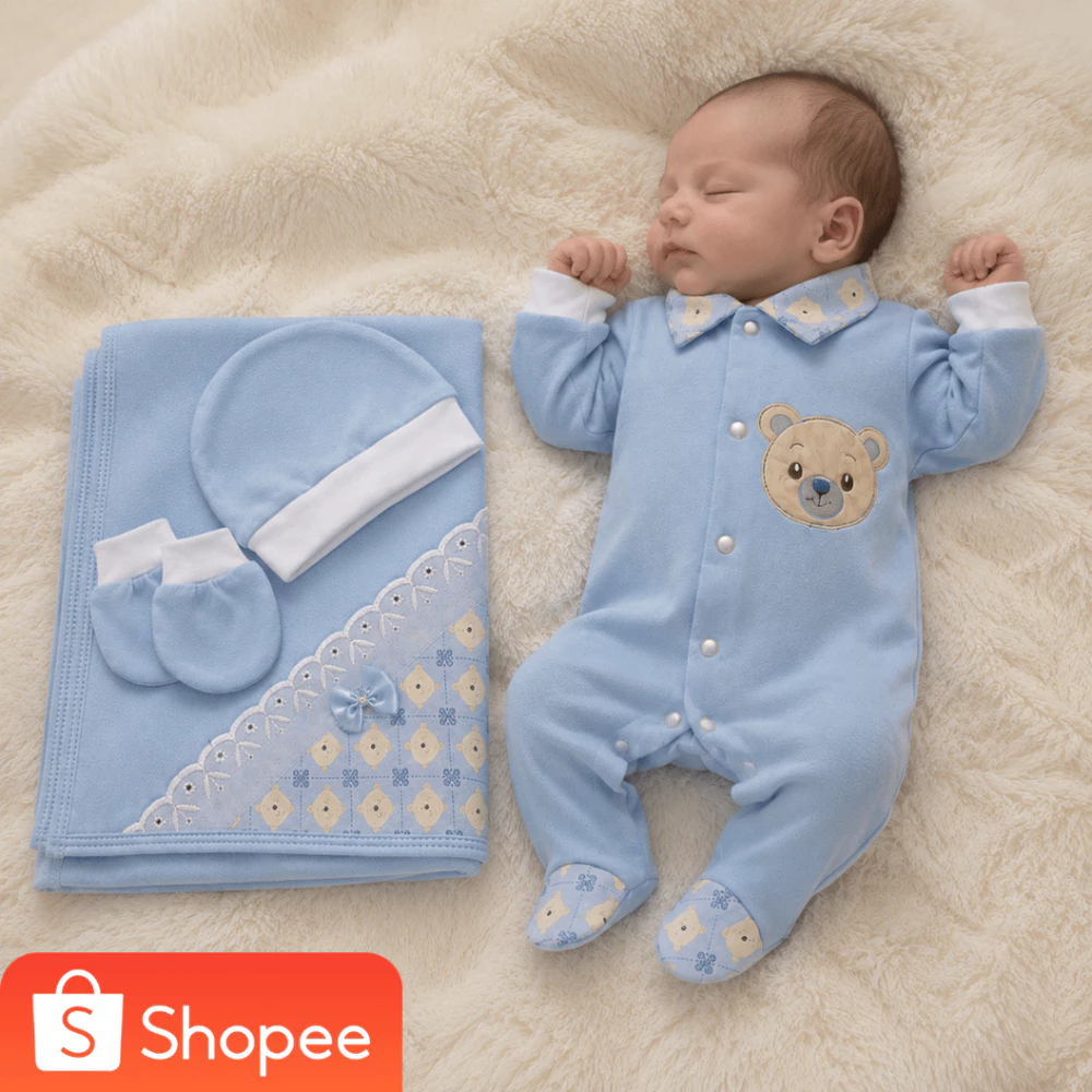Kit Saída de Maternidade – 4 Peças – Macacão, Toca, Manta e Luva – Bebê Recém-Nascido - CM Baby