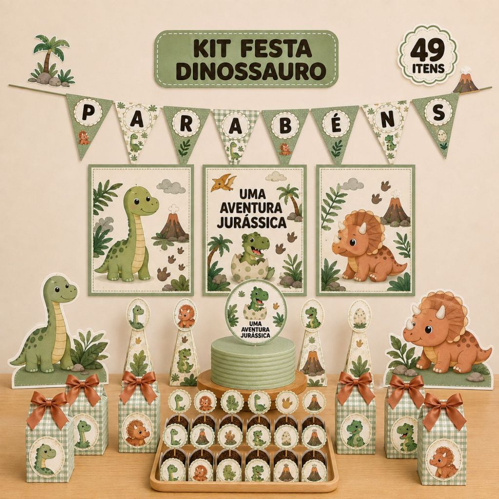 Kit Festa Só um Bolinho Dinossauro 49 Itens/Decoração Dino Baby/Festa de Aniversário Dinossauro