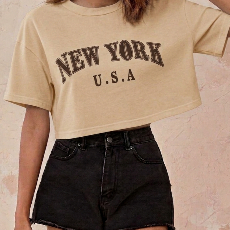 Cropped Feminino Estampa New Work Estiloso Premium Blusa Casual Vintage 100% Algodão 30.1 Tendência Gringa Promoção