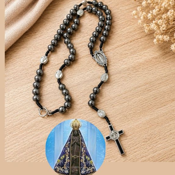 Terço Hematita Nossa Senhora Aparecida Colar Pescoço e Pulso