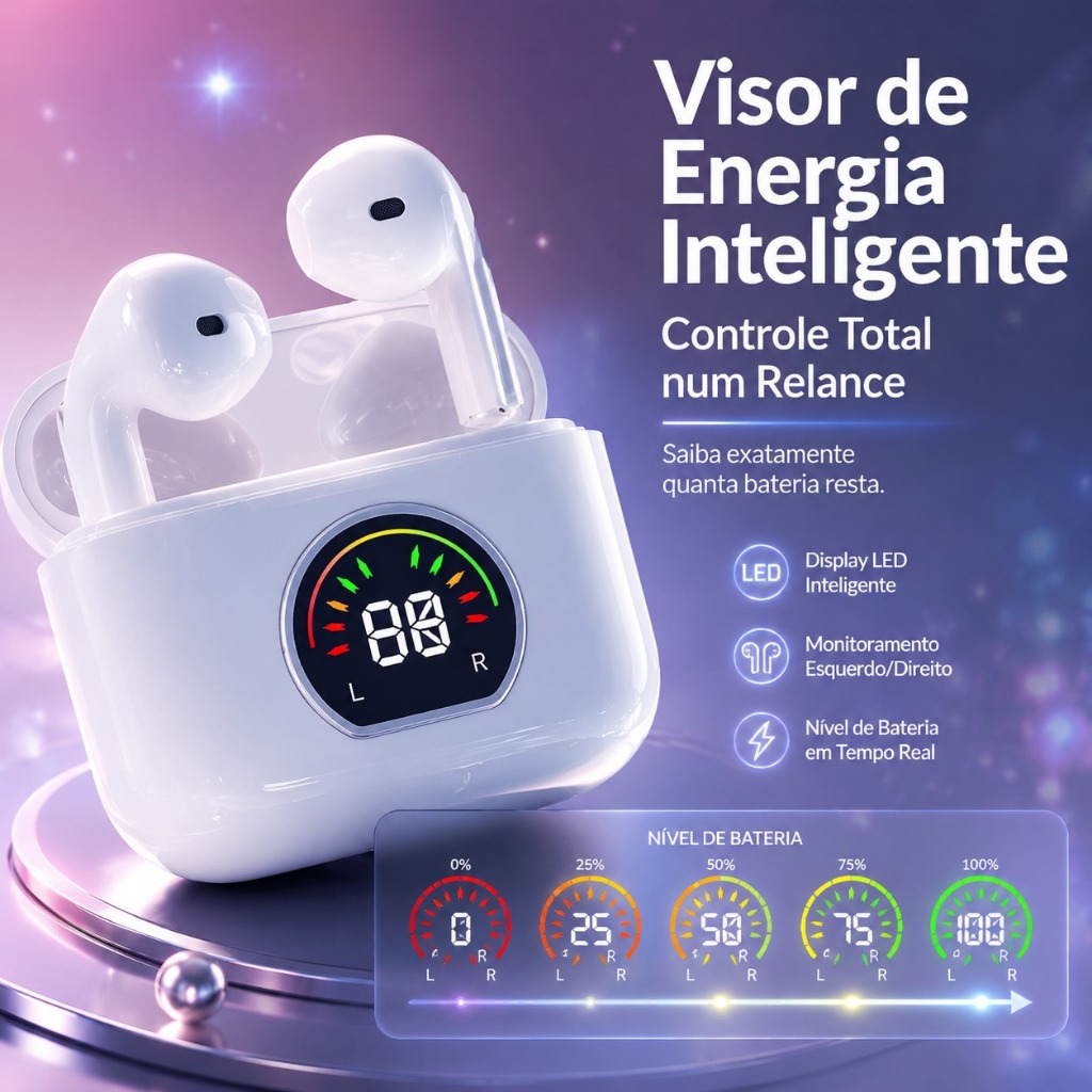 Fone de Ouvido Sem Fio Bluetooth 5.3 Com Digital Visor De Enegia Led Em Tempo Real Para iOS e Android