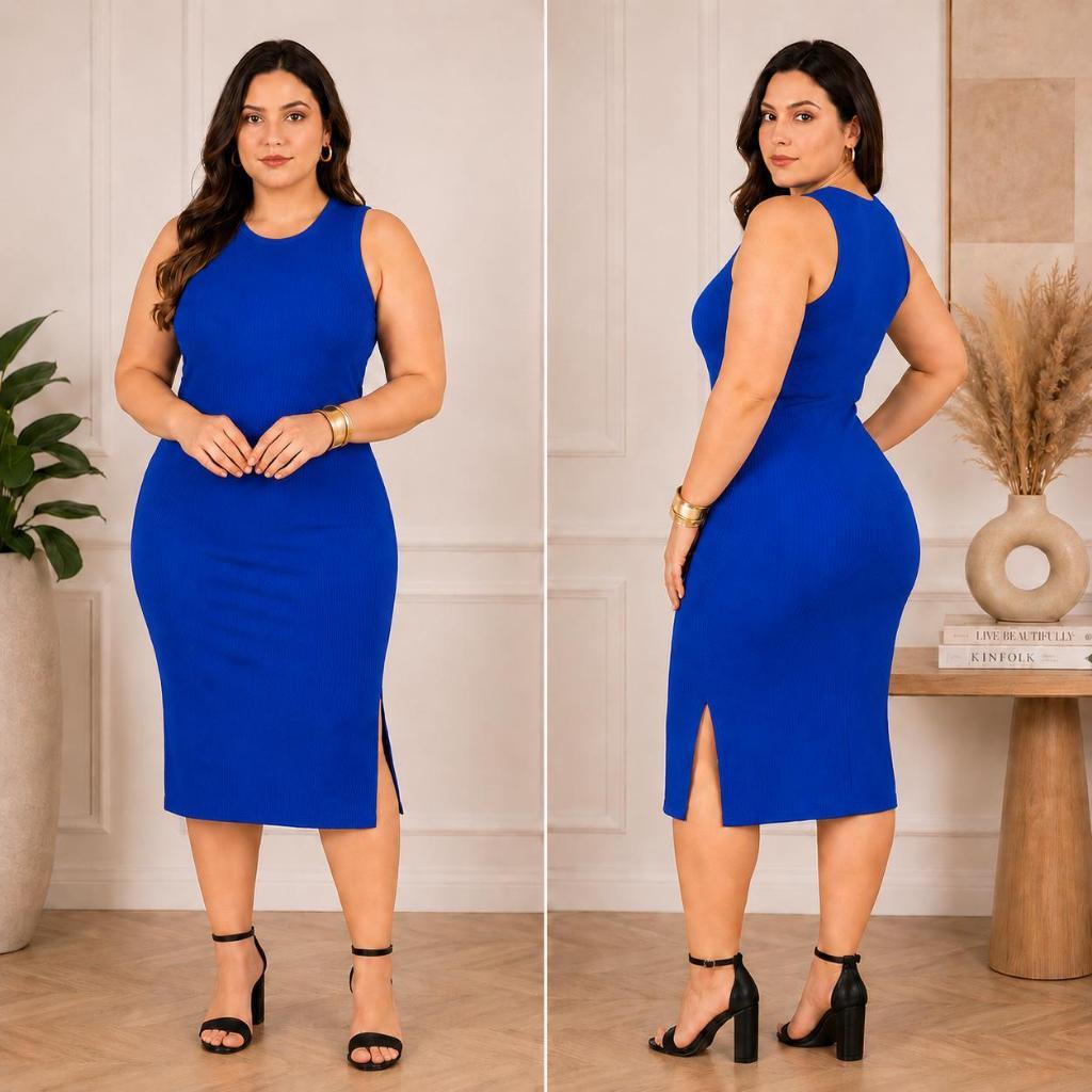 Vestido Mídi regata com Fenda lateral Canelado Feminino Verão