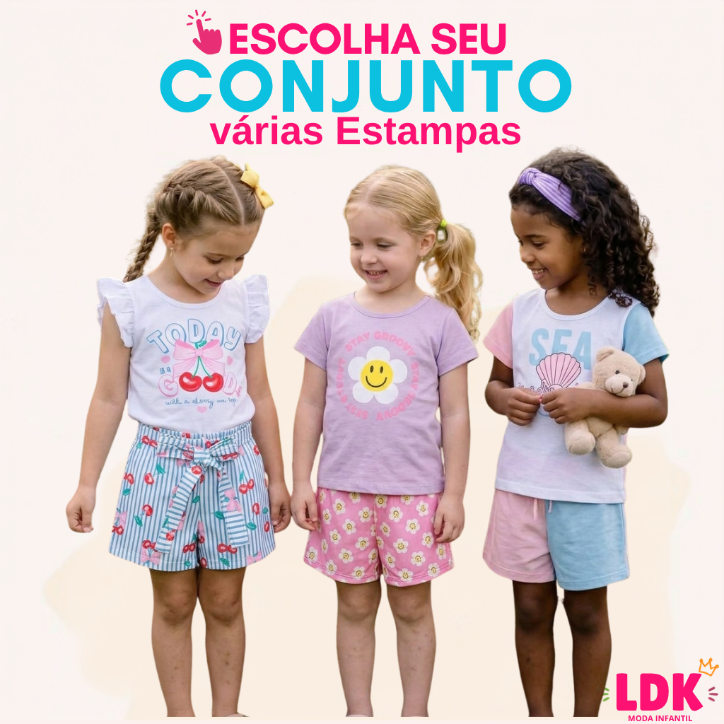 Conjunto Infantil Verão Menina Estampado Bebe Feminino 04 a 10 Anos Confortável