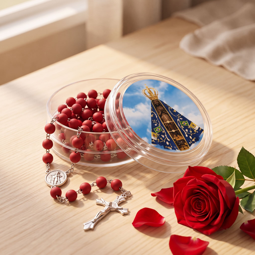 Terço Perfumado Contas de Rosa Vermelha N. Sra Aparecida - Terço Católico Devocional com Medalha e Crucifixo + Estojo Ac