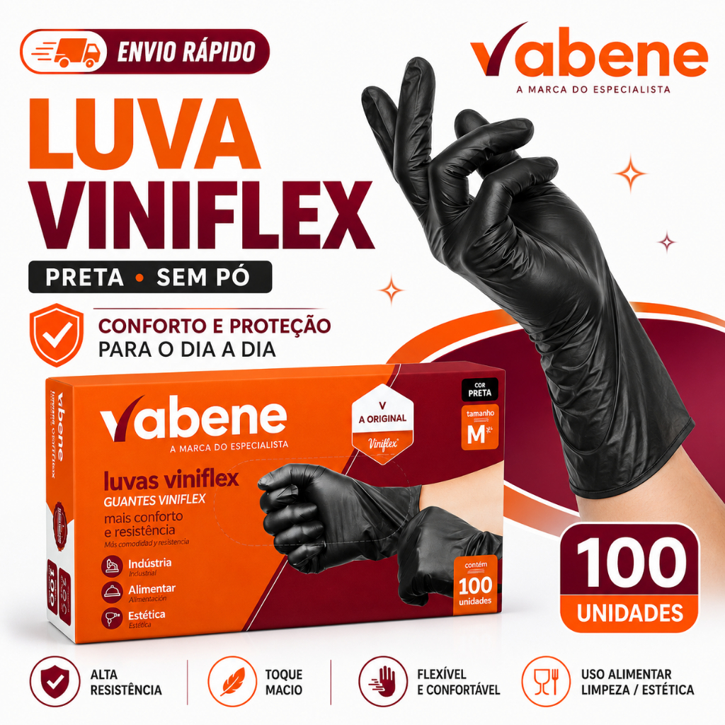 Luva Viniflex Preta Descartável Sem Pó TPE 100 Unidades | Alta Resistência Cuidado Limpeza Alimentos