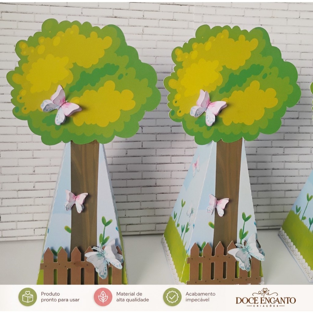 Caixa Pirâmide Árvore Borboletas Personalizada | Lembrancinha Jardim Encantado | 10 Unidades