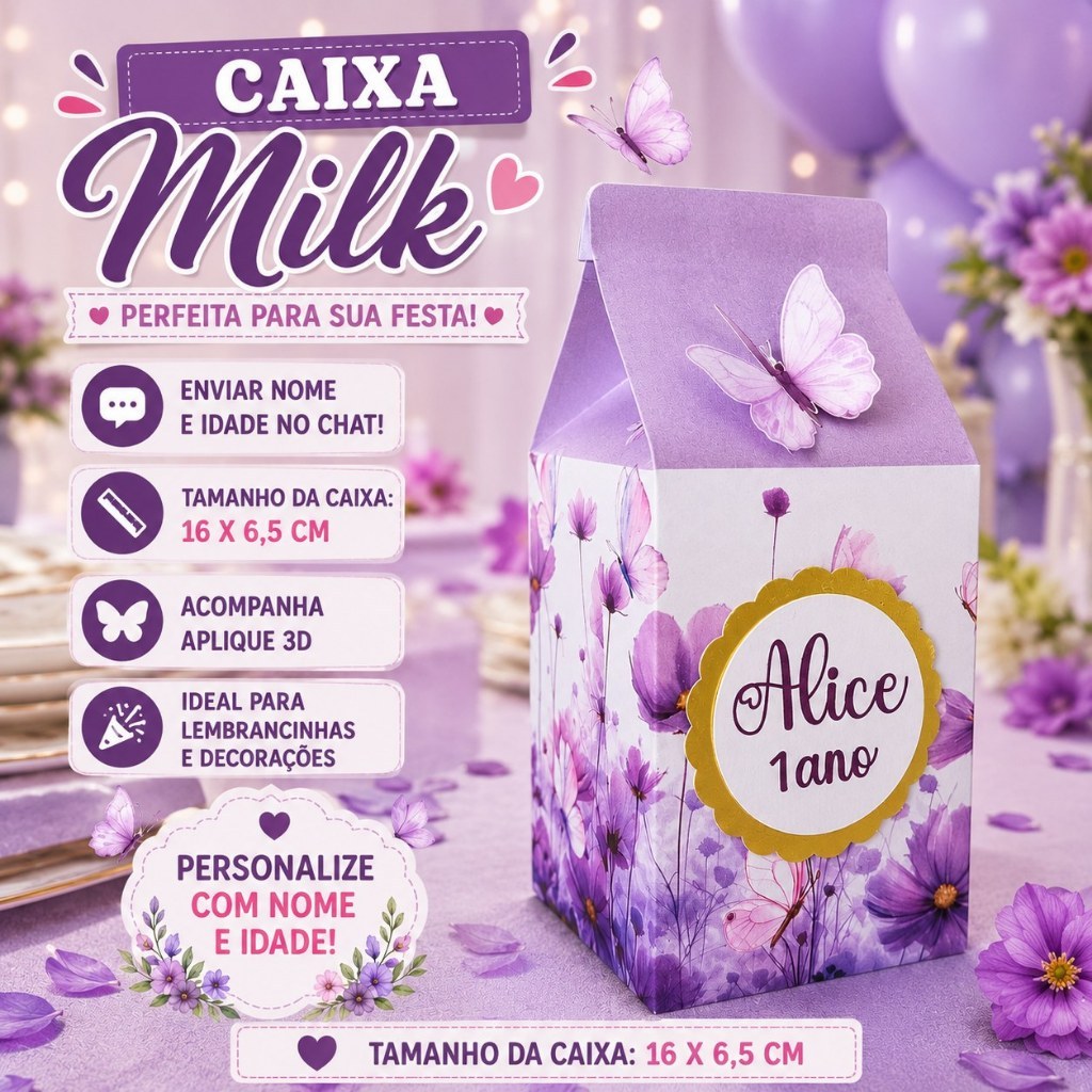 Caixinha Milk Jardim Encantado lilás para Festa Personalizada - jardim das borboletas jardi
