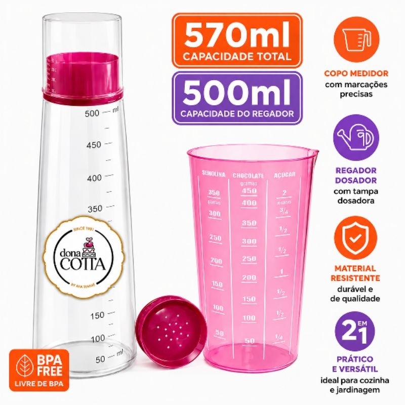 Kit Regador Bisnaga Chuveirinho 500 Ml Umedecedor Massa Bolo E Copo Medidor  Rosa 570ml