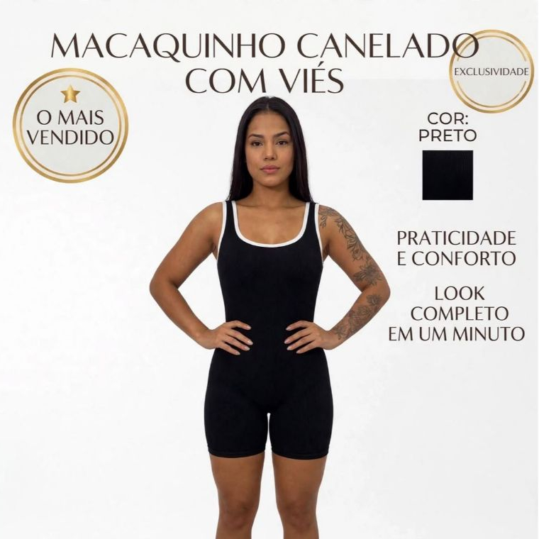 Macaquinho Fitness Feminino Canelado com Viés Alta Elasticidade Zero Transparência Academia