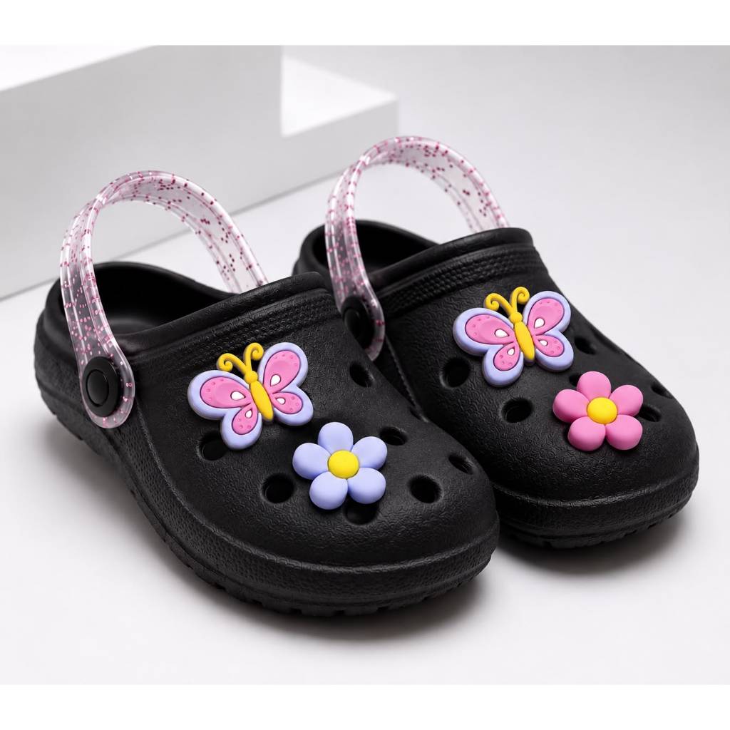 Babuche Infantil Borboleta e flor Menina Preto 19 ao 30 - Leve, Confortável e Seguro