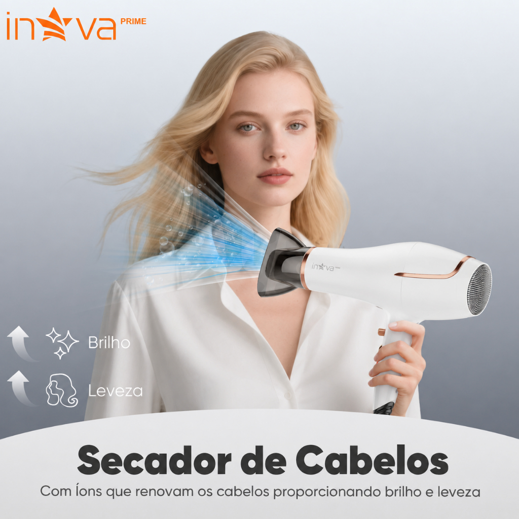 Secador de Cabelo Profissional 1500W 127V Alta Velocidade com Íons Secagem Rápida Inova Prime Branco