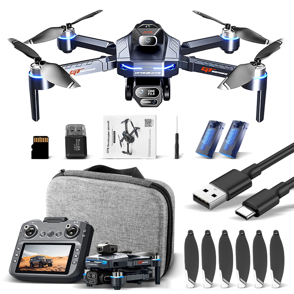 Drone Dobrável GT8 Motor Sem Escovas Câmera Dupla 4K Controle com Tela LCD 2 Baterias Bolsa Transporte