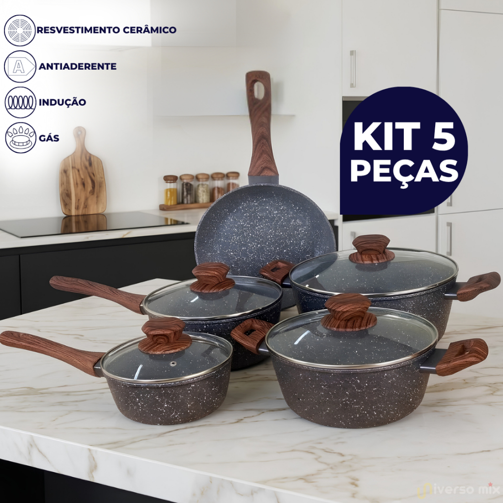 Conjunto 5 Panelas Antiaderente Revestimento Cerâmico Fogão Indução e à Gás Grafito