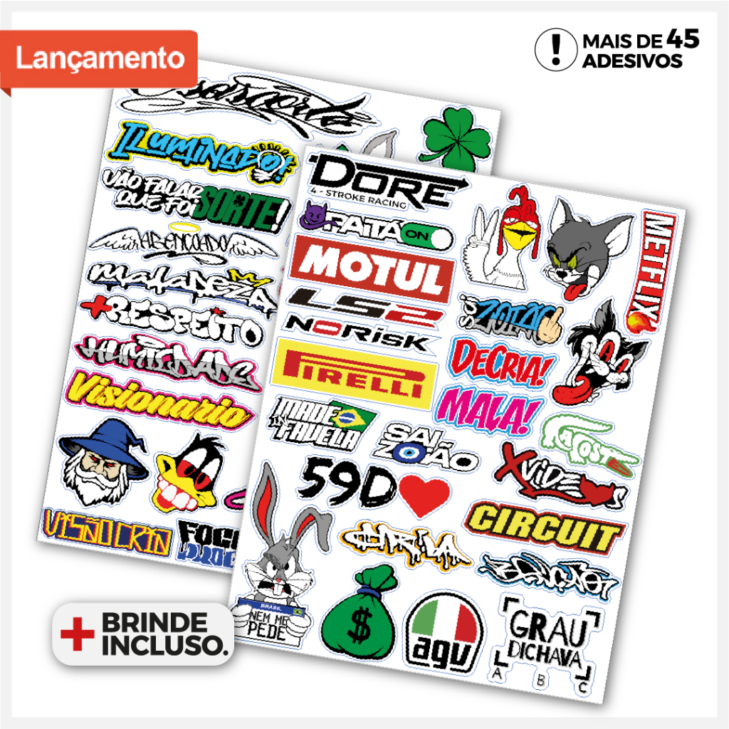 Adesivos Moto Cartela +45 pçs - Adesivos para Moto Carro Sticker Notebook Celular Bike Copo - Diversos Modelos