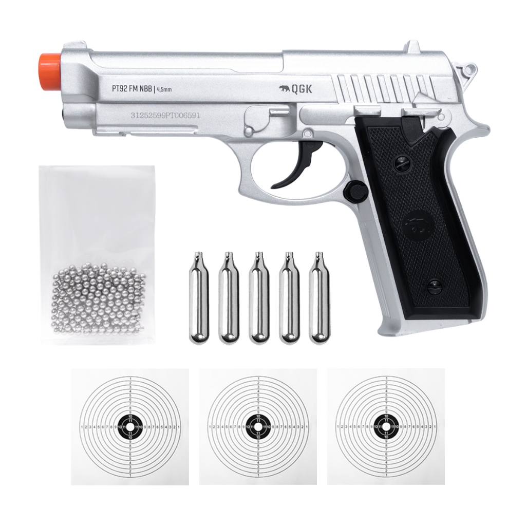 PISTOLA AIRGUN PT92 FULLMETAL SILVER 4,5MM QGK +ESFERA+CO2