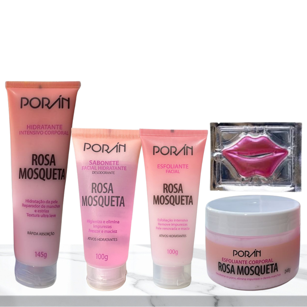 Kit Skincare Facial e Corporal Sabonete Esfoliante Máscara Labial Hidratante Porán Rosa Mosqueta Cla