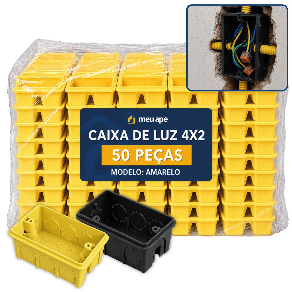 50 Caixa de Luz 4x2 Reforçada P/ Tomada Interruptor Preto/Amarelo Energia Embutir Meu Ape