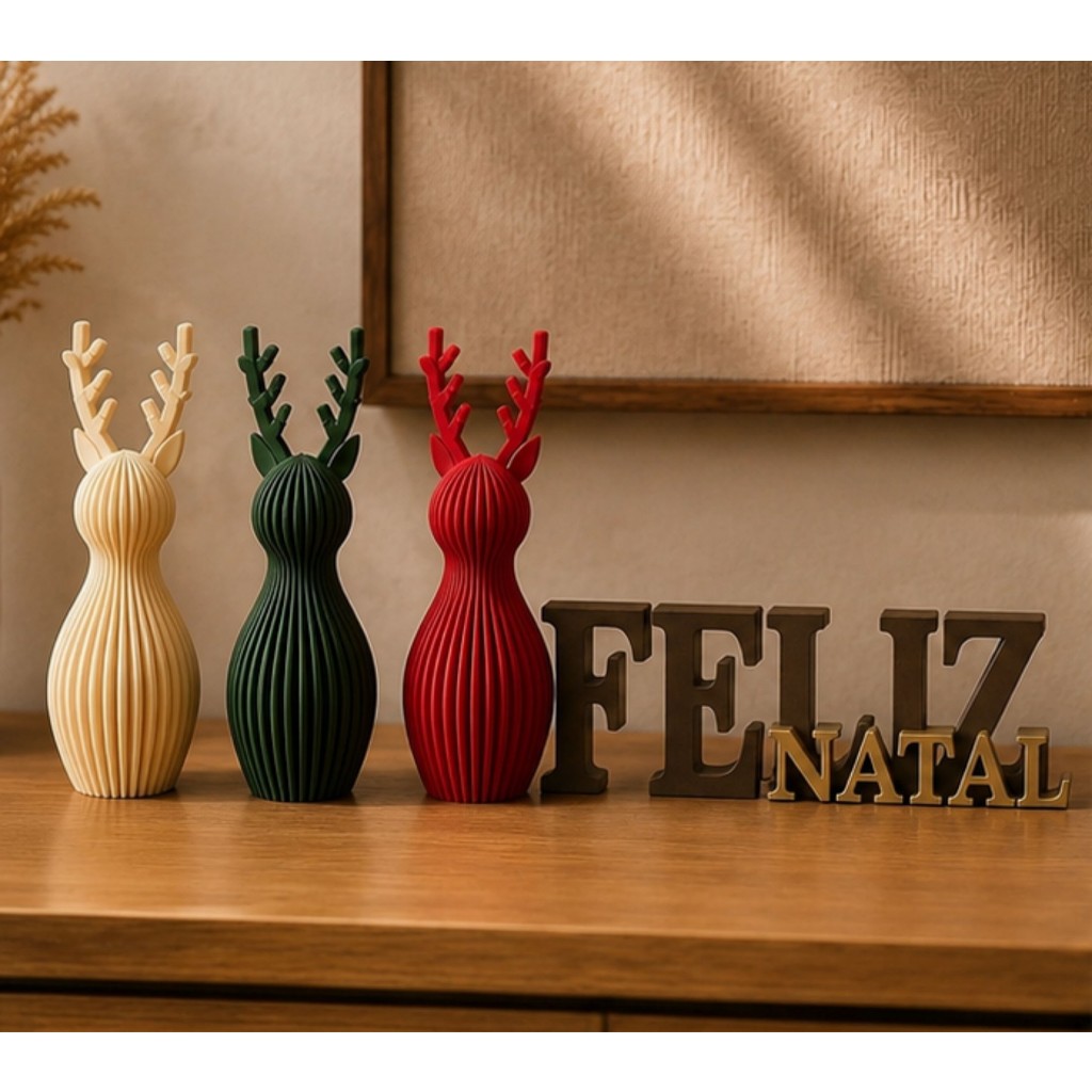 Kit de Natal para Mesa com 3 Renas e Feliz Natal  Decoração Natalina Moderna 4 Peças