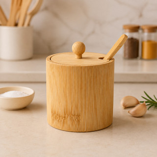 Porta Condimentos Saleiro Açucareiro de Cozinha Bambu 200Ml Com Tampa e Colher