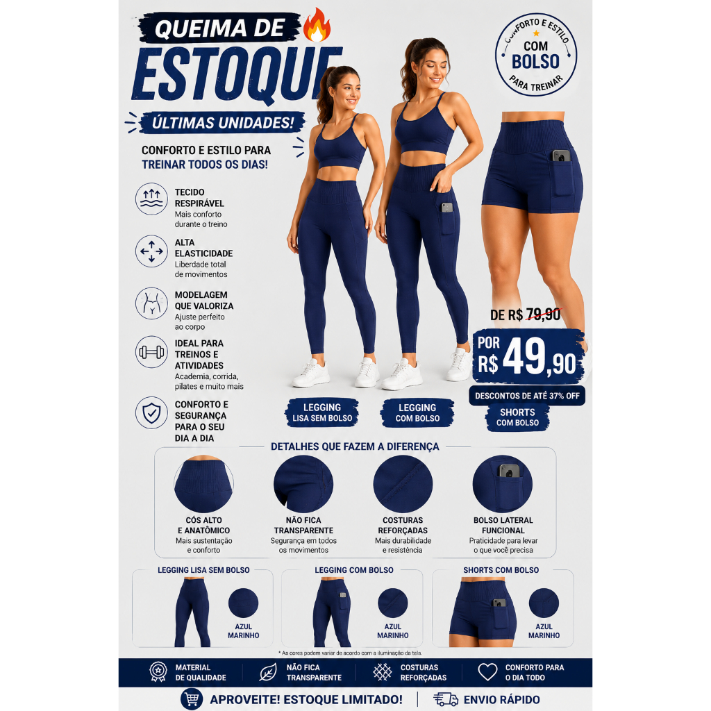 Legging/Shorts Fitness Feminina com Bolso - Lisa Alta Cintura Poliamida Academia e Treino Modeladora Azul Marinho