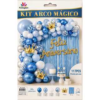 Kit Arco Mágico 117 Peças Feliz Aniversário Decoração Festa Balões Cortina Metalizada