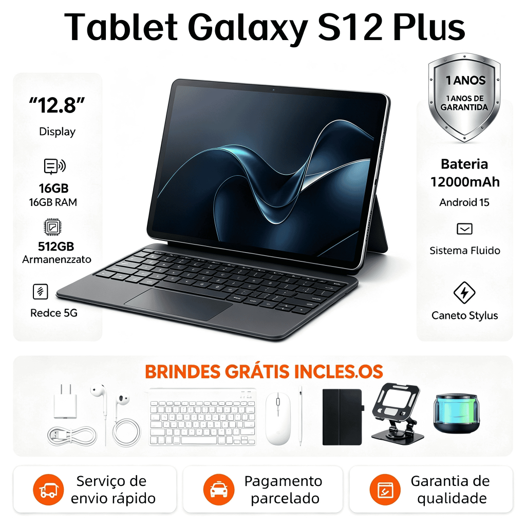 【Teclado e mouse gratuitos】Tablet Galaxy S12 Plus  16GB + 512 GB 12.8polegadas 12000 mAh Dual SIM 5G Bluetooth WiFi