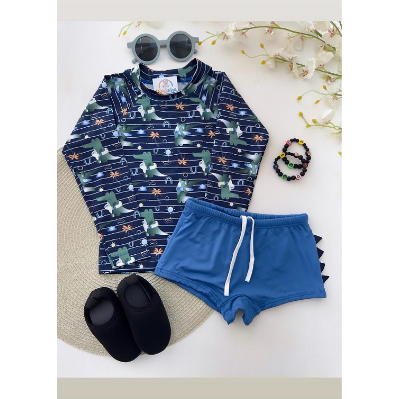 Conjunto Infantil UV50+ Menino Camiseta Manga Longa Sunga Boxer Proteção Solar Praia Piscina Térmico