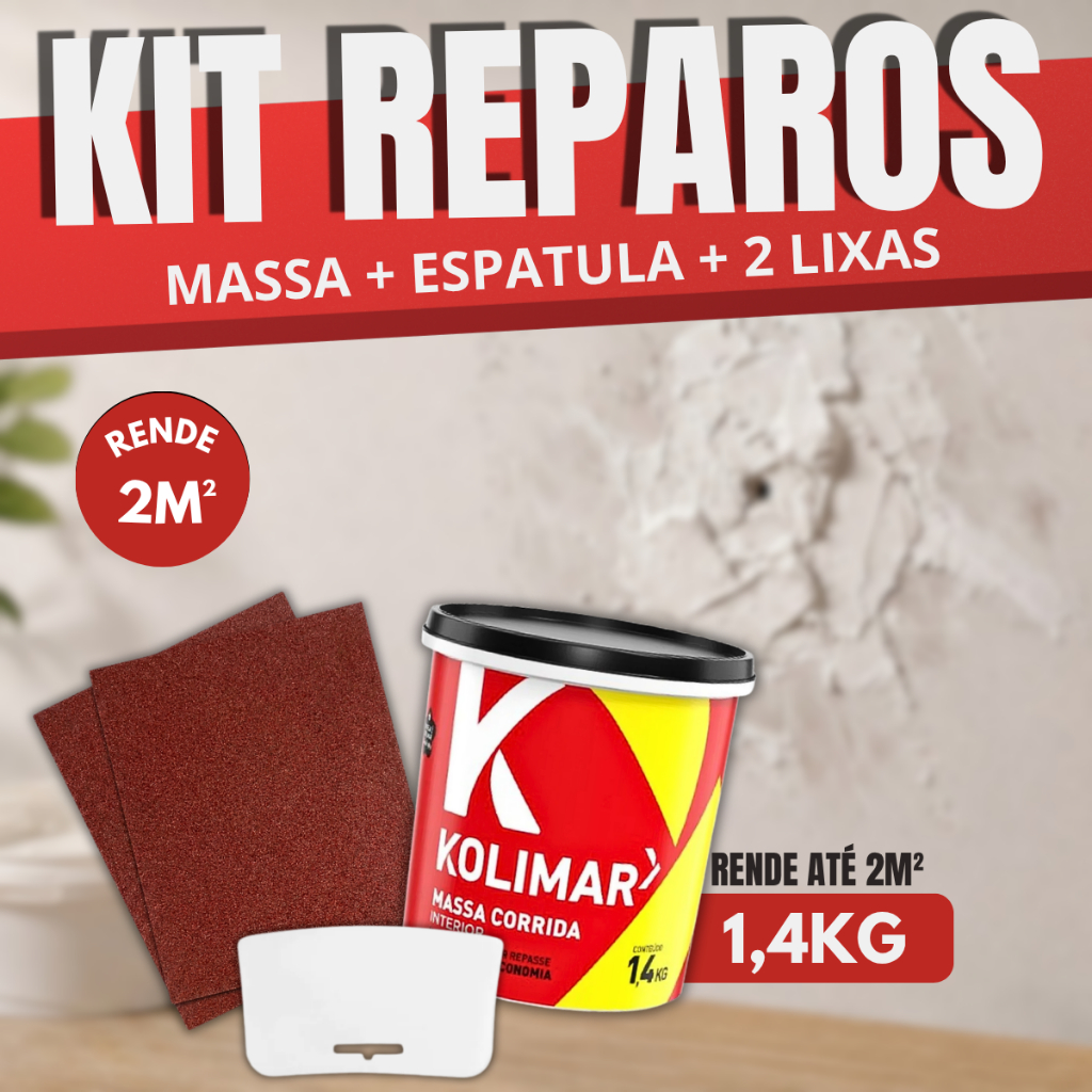 Massa Corrida PVA Profissional Kolimar 1,4kg 2 Lixas Parede 120 Espatula Aplicador Pequenos Reparos