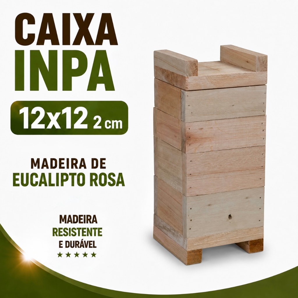 Caixa para Abelhas Sem Ferrão modelo INPA 12x12 2cm Jataí, Mirim, Iraí, Em Eucalipto