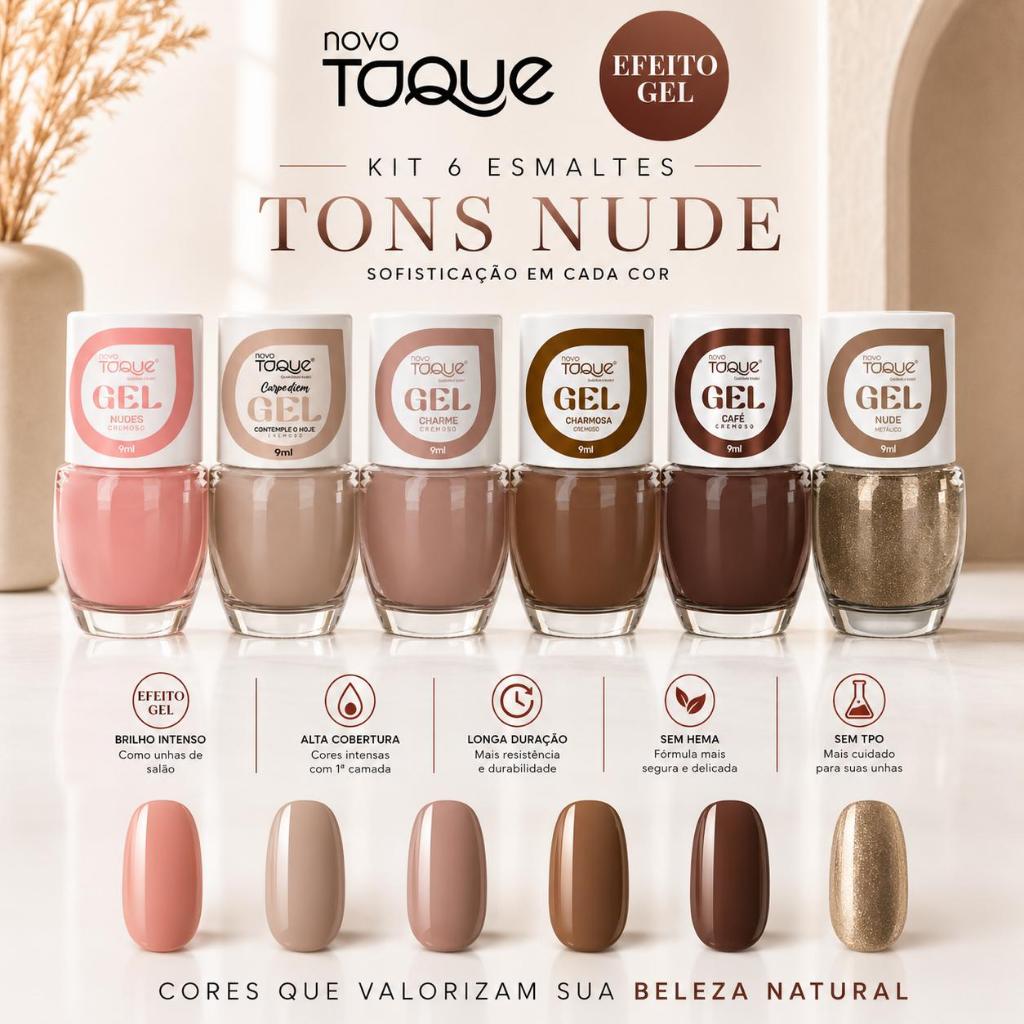 Esmalte Efeito Gel Novo Toque Kit 6 Cores Tons Nude Seca Sem Cabine Manicure Pedicure Lançamento