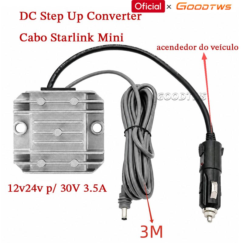 12V24V Conversor DC step-up para 30V 3,5A Starlink Mini Gen3 Cabo 3M Conversor Veicular Energia