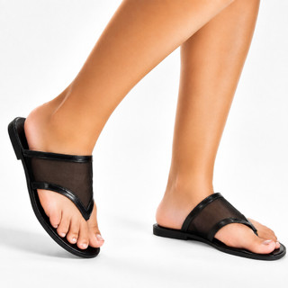 Sandália Rasteirinha Feminina Tule Tela Transparente Bico Quadrado Chinelo de Dedo Casual Verão Flat