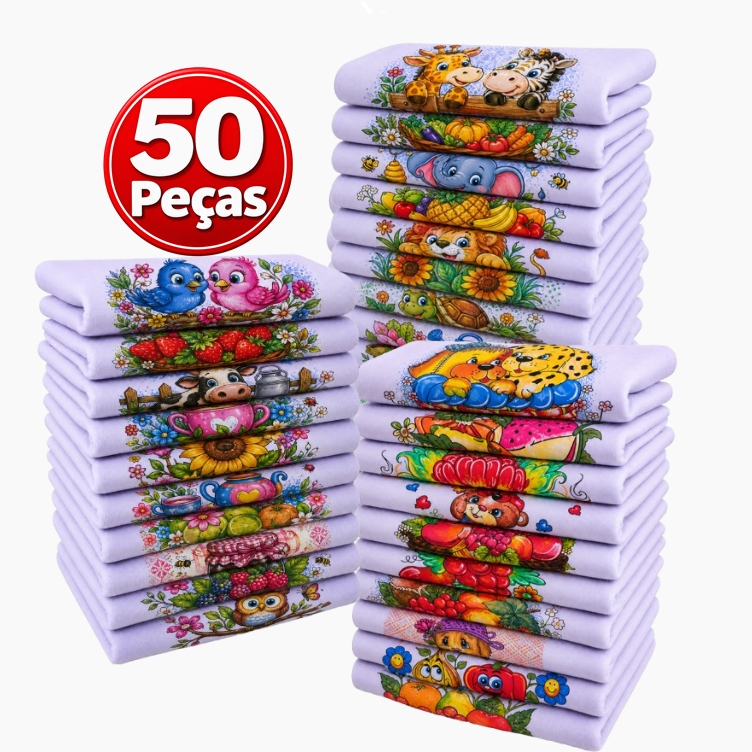 Kit 50 Pano De Prato Atacado Grande 45x85 De Cozinha Estampado Algodão