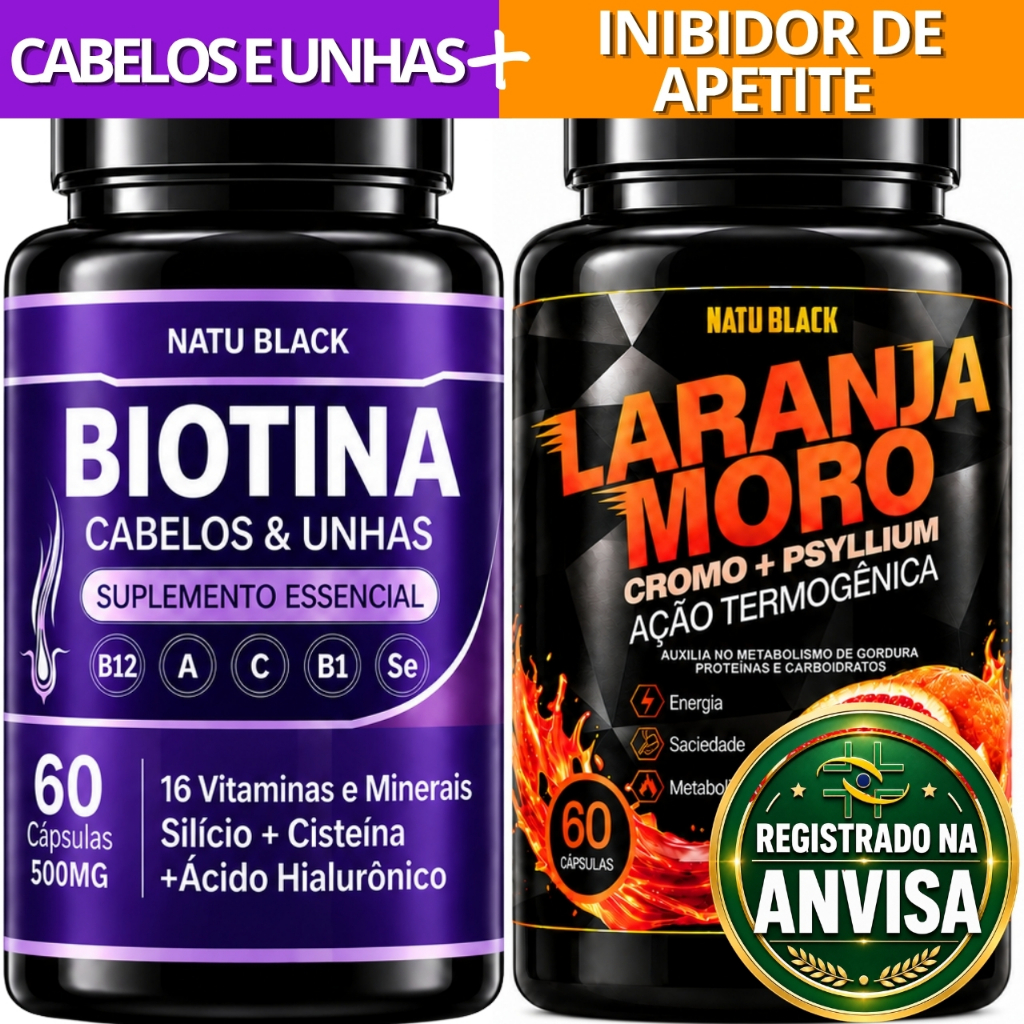 Kit Biotina Pura Cabelos e Unhas + Laranja Moro Natural Picolinato De Cromo Psyllium Original Puro