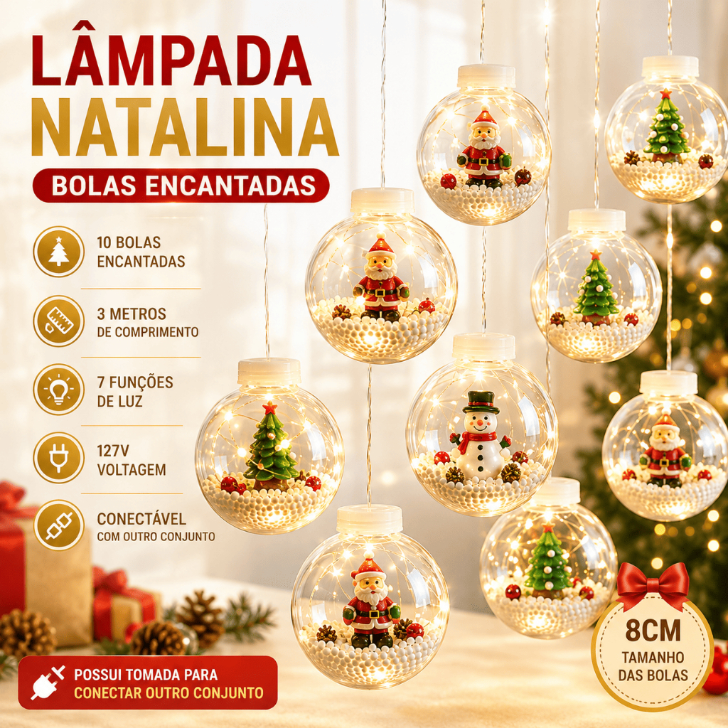 Varal Cascata Pisca Pisca Natal Lâmpadas LED Amarelo 3 Metros e 10 Bolas Decoração Papail Noel Arvore